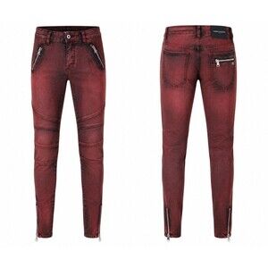 Authentic Pierre Balmain Biker Jeans Men's 32 IT46 Burgundy Red Moto RiRi Zip